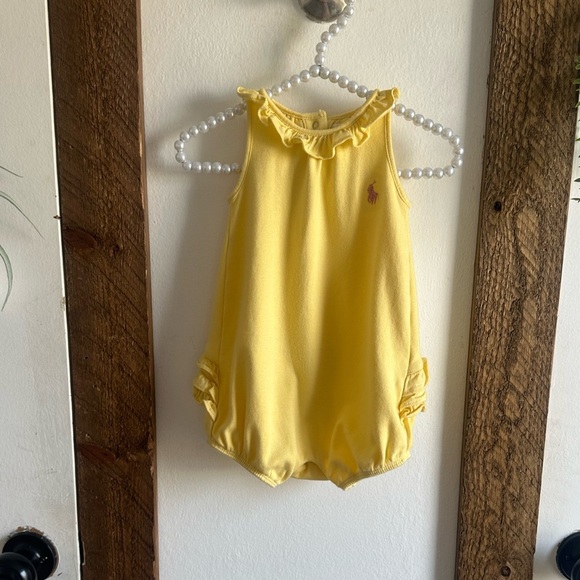 Y2K Ralph Lauren Baby Girl Yellow Ruffled Bubble Ruffle Romper Pink Logo - Picture 15 of 15